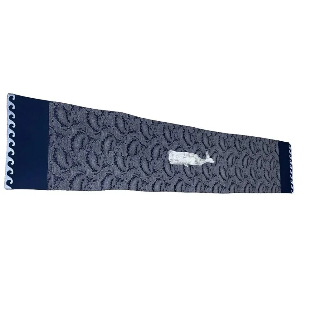 Navy Blue Whale Sea Ocean Waves‎ Chinese Style Table Runner Linen VTG 71”x 14”
